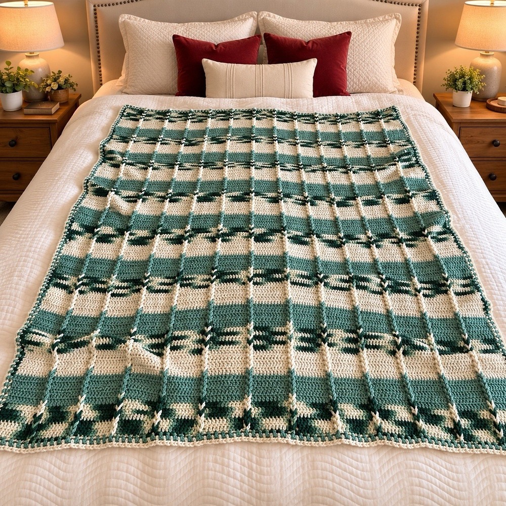 Vintage Handmade Crochet Afghan Ribbed Green Stripe Weighty Throw Blanket 80x62
